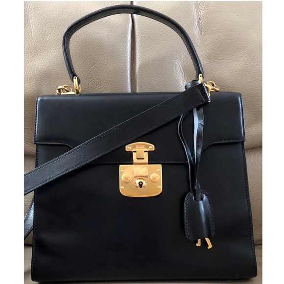 Rare Authentic Vintage Gucci Kelly Black Leather Flap Bag with Lock, Keys, COA